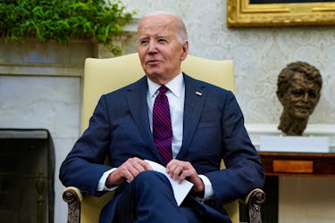 U.S. President Joe Biden looks on during a meeting with Czech Prime Minister Petr Fiala (not pictured) in the Oval Office at the White House, in Washington, U.S. April 15, 2024.