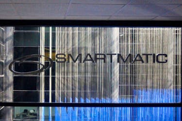 The corporate logo of Smartmatic is seen at its offices in Caracas, Venezuela August 2, 2017.