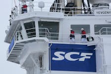 The logo of Russian state shipping company Sovcomflot is seen on the multifunctional icebreaking standby vessel "Yevgeny Primakov" moored in central St. Petersburg, Russia February 3, 2018.