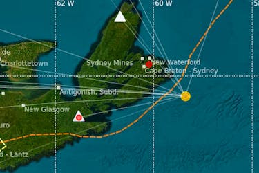 This map shows the epicentre (yellow circle) of a 3.0-magnitude earthquake on April 13 off the coast of Cape Breton. Also shown are nearby seismograph stations (triangles) and white lines connecting the epicentre to the other seismograph stations that detected the tremor, most of which are offscreen. CONTRIBUTED/NATURAL RESOURCES CANADA