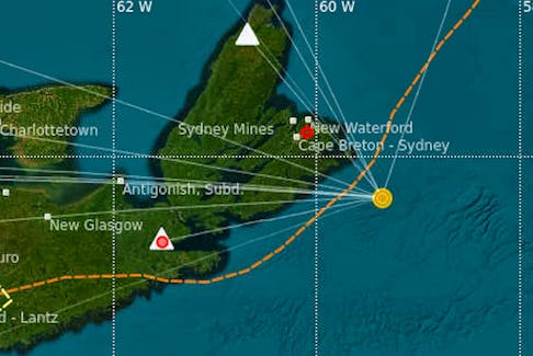 This map shows the epicentre (yellow circle) of a 3.0-magnitude earthquake on April 13 off the coast of Cape Breton. Also shown are nearby seismograph stations (triangles) and white lines connecting the epicentre to the other seismograph stations that detected the tremor, most of which are offscreen. CONTRIBUTED/NATURAL RESOURCES CANADA