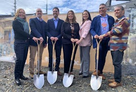 Participating at the groundbreaking of the new performing arts centre in Fredericton on Monday were provincial cabinet minister Jill Green, left, Fredericton Playhouse chair Craig Leonard, Fredericton Playhouse executive director Tim Yerxa, Mayor Kate Rogers, MP Jenica Atwin, Chief Allan Polchies and Chief Ron Tremblay. - The Daily Gleaner