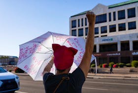 People protest in the district of Republican State Representative Matt Gress after Arizona's Supreme Court revived a law dating back to 1864 that bans abortion in virtually all instances, in Scottsdale, Arizona, U.S. April 14, 2024.