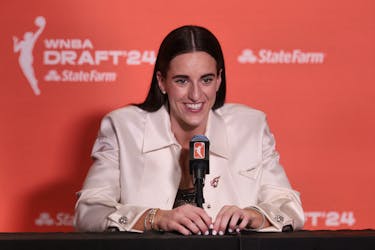 Apr 15, 2024; Brooklyn, NY, USA; Caitlin Clark speaks in a press conference after she is selected with the number one overall pick to the Indiana Fever n the 2024 WNBA Draft at Brooklyn Academy of Music. Mandatory Credit: Vincent Carchietta-USA TODAY Sports/File Photo