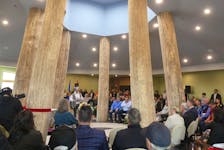 The seven tree trunk pillars at the centre of the building's foyer represent the seven districts of Mi'kma'ki (traditional Mi'kmaw territory) and the seven sacred teachings of the Mi'kmaq. Mitchell Ferguson/Cape Breton Post