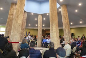 The seven tree trunk pillars at the centre of the building's foyer represent the seven districts of Mi'kma'ki (traditional Mi'kmaw territory) and the seven sacred teachings of the Mi'kmaq. Mitchell Ferguson/Cape Breton Post