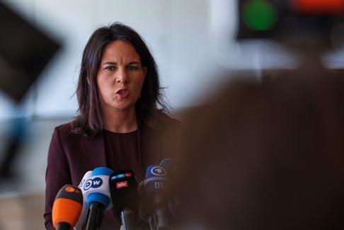 German Foreign Minister Annalena Baerbock delivers a statement, amid the ongoing conflict between Israel and the Palestinian Islamist group Hamas, at Ben Gurion International Airport in Lod, Israel, April 17, 2024.
