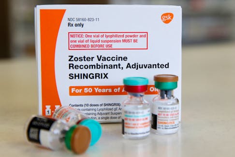 A box and vials of the drug Shingrix, made by GlaxoSmithKline Pharmaceutical, sit on a counter at a pharmacy in Provo, Utah, U.S. January 9, 2020.  