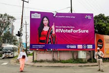 A poster spreading awareness to vote is pictured on a street ahead of the elections in Imphal, Manipur, India. REUTERS/Francis Mascarenhas