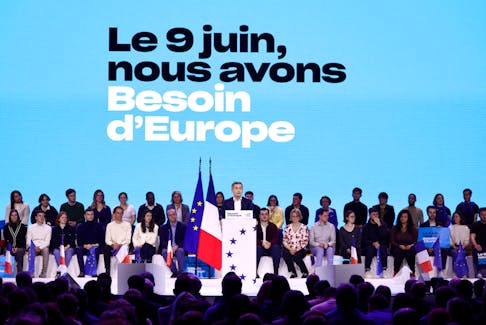 French Interior Minister Gerald Darmanin speaks during a political rally named "Besoin d'Europe" to launch the campaign of the French presidential majority for the European elections in Lille, France, March 9, 2024.