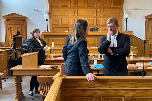 Prosecutor Deidre Badcock (left) and defence lawyers Rosellen Sullivan and Jerome Kennedy in Newfoundland and Labrador Supreme Court Monday.