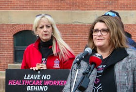 CUPE P.E.I. members rally outside the Coles Building on April 11, arguing proposed wage increases for health support staff at Health P.E.I. are far below what workers have lost due to inflation in the last few years. Stu Neatby/SaltWire file