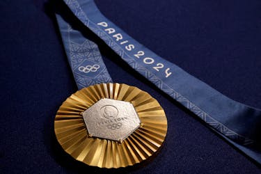 Paris 2024 Olympics Medal Preview - Chaumet, Paris, France - February 1, 2024 A Paris 2024 Olympic Games gold medal is seen on display at Chaumet jewellery