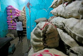 A worker carries a sack of imported potatoes near a main market in Colombo, Sri Lanka June 13, 2018. Picture taken June 13, 2018.