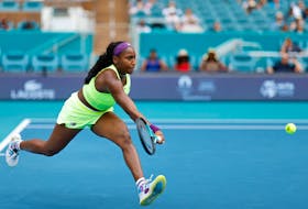 Mar 25, 2024; Miami Gardens, FL, USA; Coco Gauff (USA) reaches for a forehand against Caroline Garcia (FRA) (not pictured) on day eight of the Miami Open at Hard Rock Stadium. Mandatory Credit: Geoff Burke-USA TODAY Sports/ File Photo