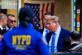 Republican presidential candidate and former U.S. President Donald Trump holds a campaign stop at Sanaa convenient store, in the Harlem section of New York City, U.S., April 16, 2024.