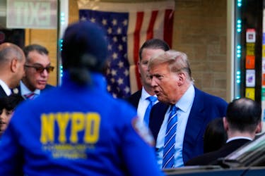 Republican presidential candidate and former U.S. President Donald Trump holds a campaign stop at Sanaa convenient store, in the Harlem section of New York City, U.S., April 16, 2024.