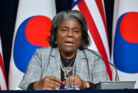 U.S. Ambassador to the United Nations Linda Thomas-Greenfield speaks during a press conference at the American Diplomacy House in Seoul on April 17, 2024. JUNG YEON-JE/Pool via REUTERS