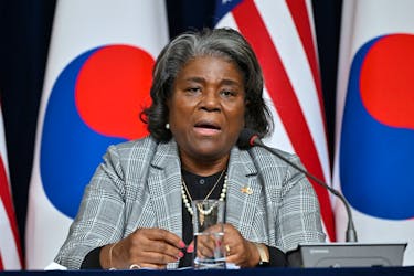U.S. Ambassador to the United Nations Linda Thomas-Greenfield speaks during a press conference at the American Diplomacy House in Seoul on April 17, 2024. JUNG YEON-JE/Pool via REUTERS