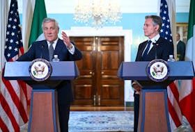 U.S. Secretary of State Antony Blinken looks on as Italian Foreign Minister Antonio Tajani speaks to the members of the media in the Treaty Room of the State Department in Washington, U.S., June 12, 2023. Mandel Ngan/Pool via