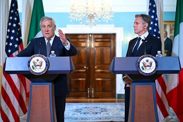 U.S. Secretary of State Antony Blinken looks on as Italian Foreign Minister Antonio Tajani speaks to the members of the media in the Treaty Room of the State Department in Washington, U.S., June 12, 2023. Mandel Ngan/Pool via