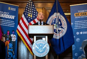 Department of Homeland Security (DHS) Secretary Alejandro Mayorkas speaks during a news conference regarding the Know2Protect program in New York City, U.S., April 17, 2024. 