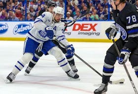 Auston Matthews #34 of the Toronto Maple Leafs shoots against the Tampa Bay Lightning during the first period at the Amalie Arena on April 17, 2024 in Tampa, Florida.