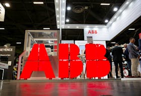 The logo of ABB is pictured at the Global Industrie exhibition in Villepinte near Paris, France, March 26, 2024.