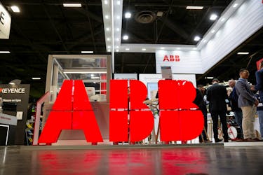 The logo of ABB is pictured at the Global Industrie exhibition in Villepinte near Paris, France, March 26, 2024.
