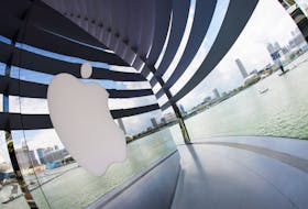 A logo of Apple is seen outside at the upcoming Apple Marina Bay Sands store in Singapore, September 8, 2020.