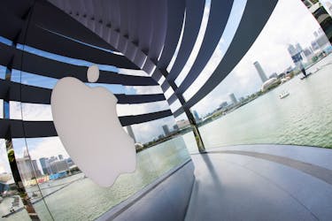 A logo of Apple is seen outside at the upcoming Apple Marina Bay Sands store in Singapore, September 8, 2020.