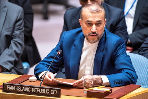 Iran's Foreign Minister Hossein Amir Abdollahian speaks to members of Security Council during a meeting to address the situation in the Middle East, including the Palestinian question, at U.N. headquarters in New York City, New York, U.S., April 18, 2024.