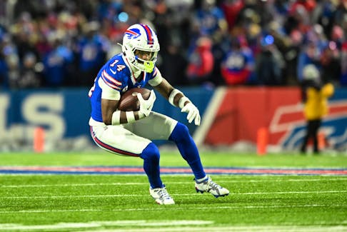 Jan 15, 2024; Orchard Park, New York, USA; Buffalo Bills wide receiver Stefon Diggs (14) runs the ball in the second half against the Pittsburgh Steelers in a 2024 AFC wild card game at Highmark Stadium. Mandatory Credit: Mark Konezny-USA TODAY Sports/File Photo