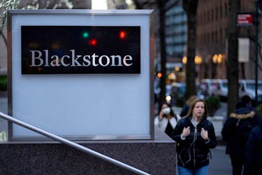 Signage is seen outside the Blackstone Group headquarters in New York City, U.S., January 18, 2023.