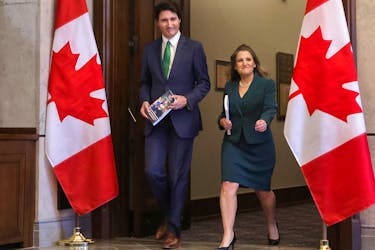 Prime Minister Justin Trudeau and Finance Minister Chrystia Freeland on Parliament Hill in Ottawa on March 28, 2023.