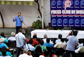 Ravish Kumar, journalist and former senior executive editor at NDTV, addresses a group of journalists at the Press Club of India in New Delhi, India, April 3, 2018.