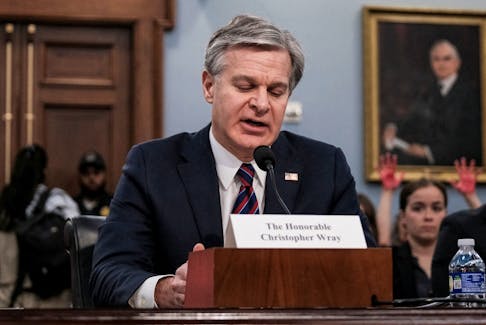 FBI Director Christopher Wray testifies before the House Approbations Subcommittee on Capitol Hill in Washington, U.S., April 11, 2024.