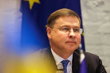 European Commission Executive Vice-President Valdis Dombrovskis attends the U.S.-EU Trade and Technology Council in Leuven, Belgium April 5, 2024. 