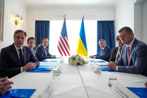 U.S. Secretary of State Antony Blinken and Ukraine Foreign Minister Dmytro Kuleba attend a bilateral meeting on the sidelines of the G7 Foreign Ministers meeting on Capri Island, Italy, Thursday, April 18, 2024.     Gregorio Borgia/Pool via REUTERS