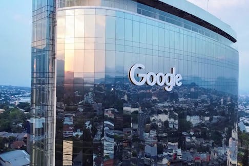 A drone view shows the Google logo on a building after the launch of Google El Salvador in San Salvador, El Salvador, April 16, 2024.