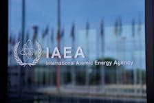 The logo of the International Atomic Energy Agency (IAEA) is seen at their headquarters  in Vienna, Austria on  April 11, 2024.