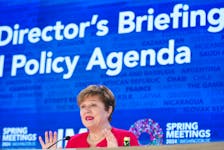 IMF Managing Director Kristalina Georgieva holds a press briefing on the Global Policy Agenda to open the IMF and World Bank's 2024 annual Spring Meetings in Washington, U.S., April 18, 2024. 