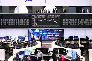 The German share price index DAX graph is pictured at the stock exchange in Frankfurt, Germany, April 17, 2024.    