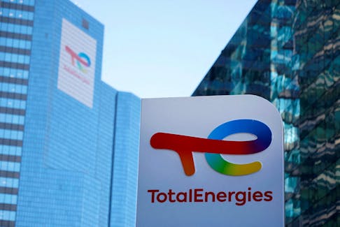 A logo of TotalEnergies is seen at an electric vehicle fuelling station in the La Defense business district in Courbevoie near Paris, France, February 8, 2023.