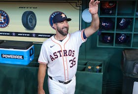 Mar 28, 2024; Houston, Texas, USA; Houston Astros starting pitcher Justin Verlander (35) waves before the game against the New York Yankees at Minute Maid Park. Mandatory Credit: Troy Taormina-USA TODAY Sports/File Photo