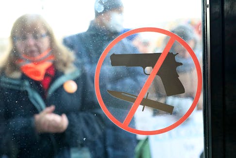 A view of a "no weapons allowed" sign during a gun safety rally held at the Maine State House in Augusta, Maine, U.S. January 3, 2024. 