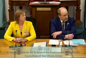 Emergency room doctor Kay Dingwell speaks on the floor of the legislature, alongside Green MLA Matt MacFarlane, about a private members bill that would do away with a labour law requirement that allows employers to require employees seek a sick note. Dingwell said sick notes are a significant burden on the time of physicians. – Screenshot