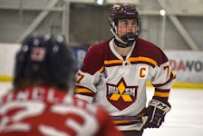 Keegan O’Neill is in his third season with the Sydney Mitsusbishi Rush and will play in the second Telus Cup national under-18 hockey championship next week in Membertou. The Glace Bay product is the team’s captain this year. JEREMY FRASER/CAPE BRETON POST