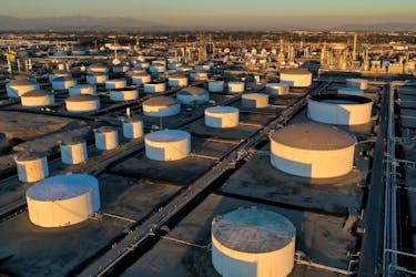 Storage tanks are seen at Marathon Petroleum's Los Angeles Refinery, which processes domestic & imported crude oil into California Air Resources Board (CARB) gasoline, CARB diesel fuel, and other petroleum products, in Carson, California, U.S., March 11, 2022.