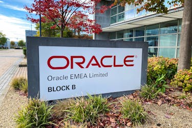 A logo of cloud service provider Oracle is seen at the company's offices at Eastpoint Business Park, Dublin, Ireland October 18, 2021.